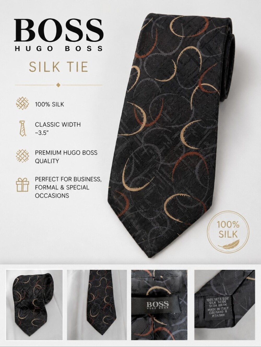 Hugo Boss Silk Abstract Black Tie Prom Wedding Formal Party